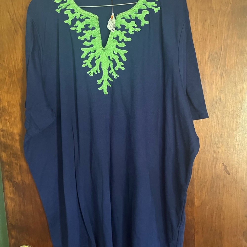 Quacker Factory Navy Tunic with Green coral Detail